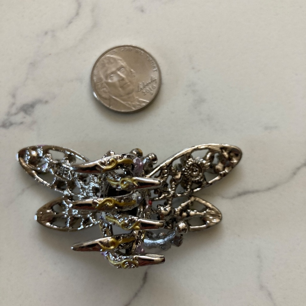 Wien Dragonfly Hair Clip w/ Swarovski Crystals, Silvertone, Enamel Blue, Yellow - Picture 4 of 7